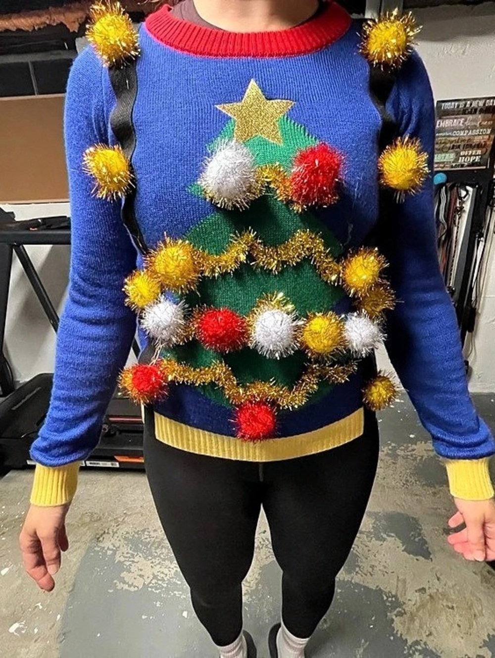 Tipsy Elves Ugly Christmas Tree Sweater with Suspenders Blue